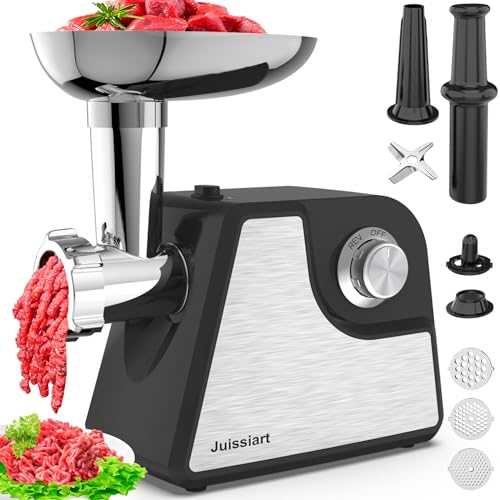 Juissiart Fleischwolf, 2500W Fleischwolf Elektrisch Edelstahl, Einstellbare Geschwindigkeit Fleischmaschine mit 3 Platten, Wurstfüller, Schnelles und Feines Schleifen, Hohe Stabilität Gummifüße