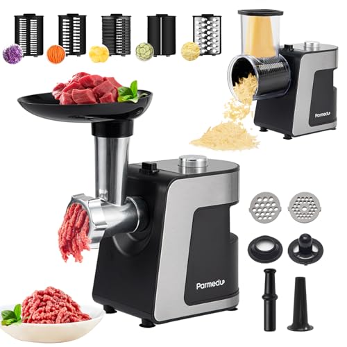 Parmedu Elektrischer Fleischwolf & Gemüsehobel & Käsereibe Automatischer Multizerkleinerer Küchenreibe Mandoline Parmesanreibe Salatmaschine Wurstmaschine Wurstfüller Kibbeh Maker mit 12 Aufsätzen
