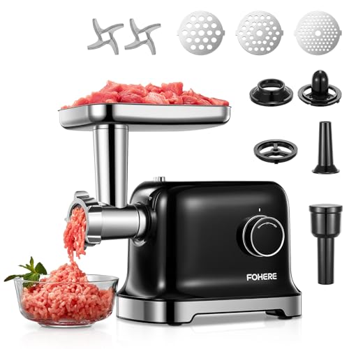 FOHERE Fleischwolf Elektrisch, 2000W Fleischwolf mit 2 Schneidklinge, 3 Schneidplatte (7MM/5MM/3MM), Wurst-Rohr, Kubbe-Formgerät, Hocheffizienter Fleischwolf für den Hausgebrauch, Schwarz