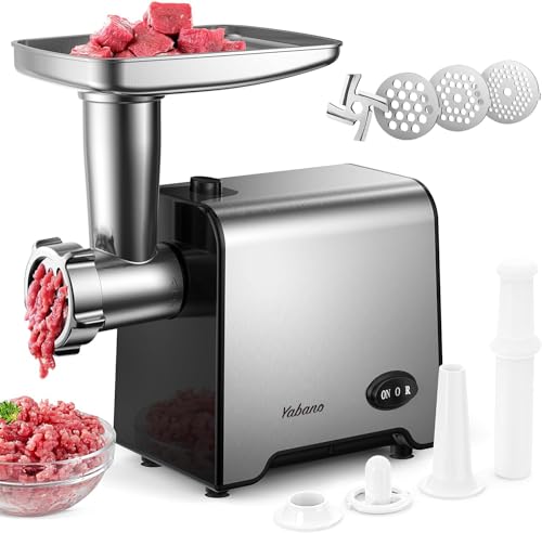 Yabano Fleischwolf Elektrisch, Wurstaufsatz, 3 Edelstahl Loch-Scheiben (3, 5, 7mm), Stopfer, Kebbe-Aufsatz, Durchlaufschnitzler, 350W