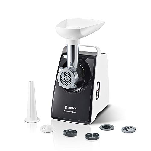 Bosch Fleischwolf CompactPower MFW3612A, elektrisch, Wurstaufsatz, Edelstahl Loch-Scheiben 4mm + 8mm, Messer zweischneidig, Kebbe-Aufsatz, spülmaschinengeeignet, 1600 W Blockierleistung, 500 W, weiß