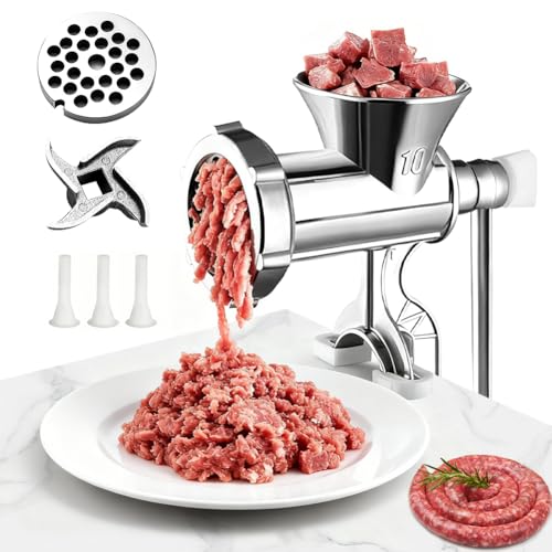 CEWROM Manuell Fleischwolf Edelstahl mit Wurstfüller und Tischklemme für Schweinefleisch, Wurstfüller mit Schneidplatten & Wurströhre, Lebensmittelwolf für Schweinefleisch Rindfleisch