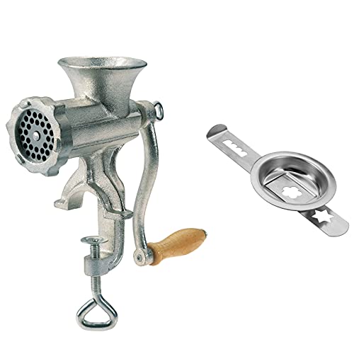 Westmark Fleischwolf-Set, 2tlg., 1 Fleischwolf + 1 Spritzgebäckvorsatz, Größe 8, inkl. Schraubzwinge für Tischmontage, Verzinnter Stahlguss/Edelstahl/Holz, Silber, 975222E6