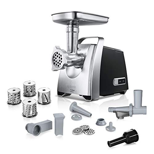 Bosch Hausgeräte Fleischwolf ProPower MFW68660, Wurstaufsatz, 3 Edelstahl Loch-Scheiben (3, 4,8 +8mm), Stopfer, Kebbe-Aufsatz, Durchlaufschnitzler, 2200 W Blockierleistung, 800 W, Schwarz, Silber