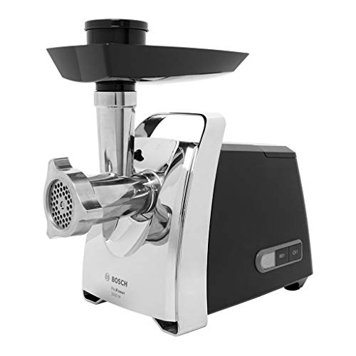 Bosch Fleischwolf ProPower MFW67440, elektrisch, Wurstaufsatz, 3 Edelstahl Loch-Scheiben (3, 4,8 +8mm), Stopfer, Kebbe-Aufsatz, Durchlaufschnitzler, 2000 W Blockierleistung, 700 W, schwarz / silber