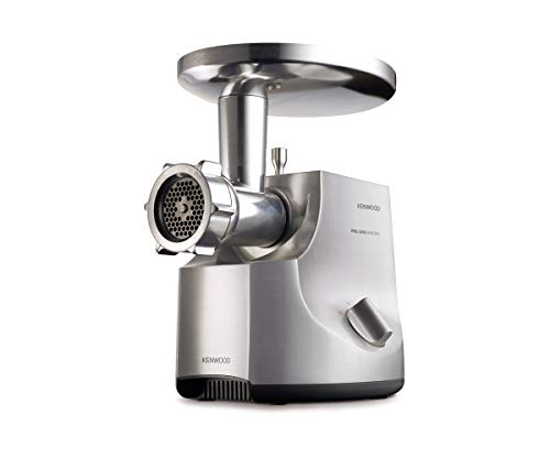 Kenwood Fleischwolf MG700, 3 Edelstahl Lochscheiben, 2 Wurstfüll-Aufsätze, 1 Kebbe-Aufsatz, große Einfüllschale aus Metall mit Abdeckhaube, Metallgehäuse, 2000 Watt, Silber 0WMG700002